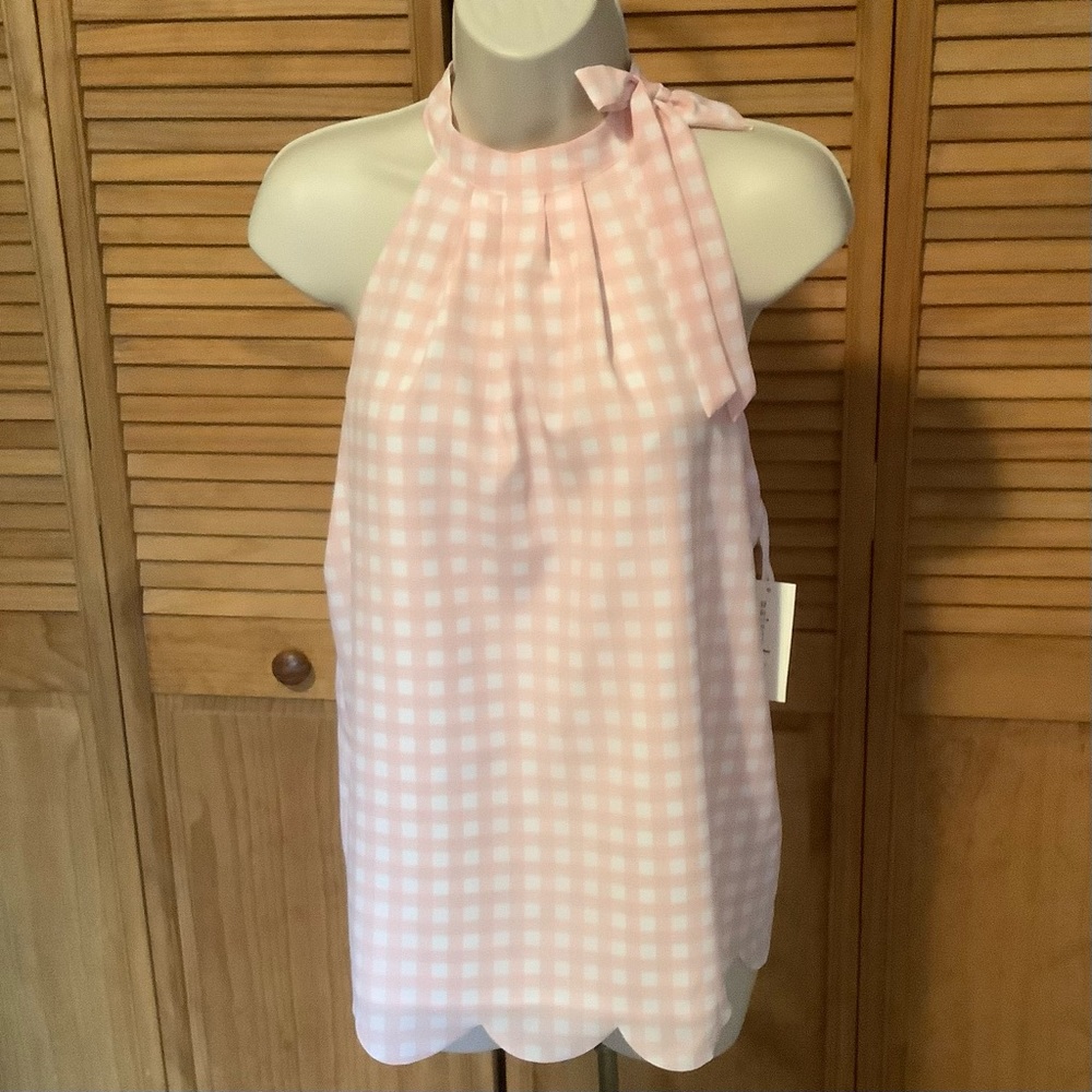 ☀️☀️Madison Jules sleeveless Top blouse shoulder bow Med soft pink & white NEW